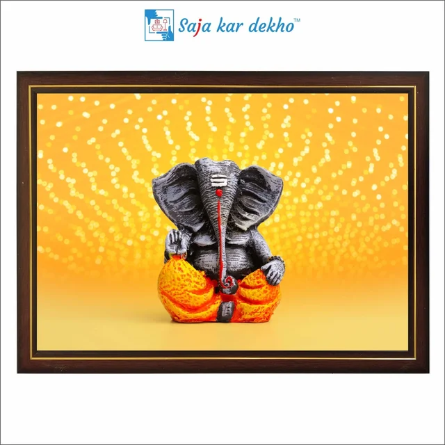 SAJA KAR DEKHO Ganesh Ji With Yellow Background High Quality Weather Resistant HD Wall Frame | 12 x 18 inch | - 12 X 18 inch