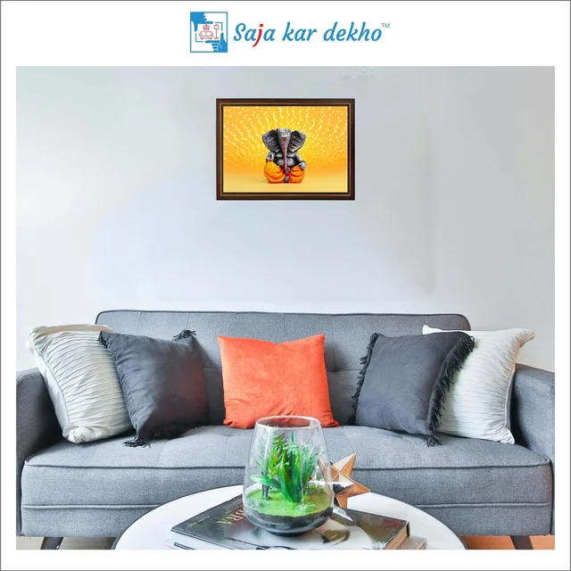 SAJA KAR DEKHO Ganesh Ji With Yellow Background High Quality Weather Resistant HD Wall Frame | 12 x 18 inch | - 12 X 18 inch