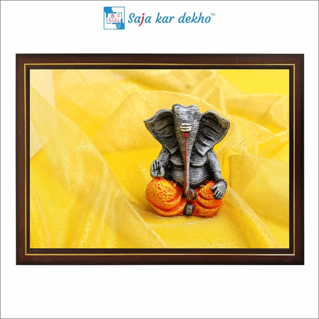 SAJA KAR DEKHO Ganesh Ji With Yellow Background High Quality Weather Resistant HD Wall Frame | 12 x 18 inch | - 12 X 18 inch