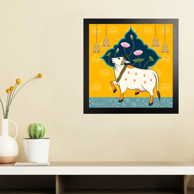 SAJA KAR DEKHO Beautiful Cow, Lotus, Four Bell With Yellow Background High Quality Weather Resistant HD Wall Frame | 20 x 20 inch | - 20 X 20 inch