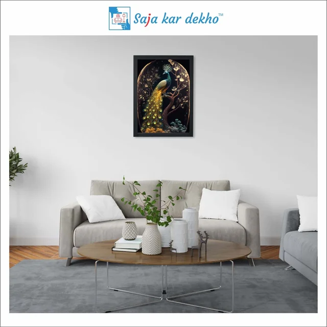 SAJA KAR DEKHO Beautiful Peacock With Beautiful Background High Quality Weather Resistant HD Wall Frame | 12 x 18 inch | - 12 X 18 inch