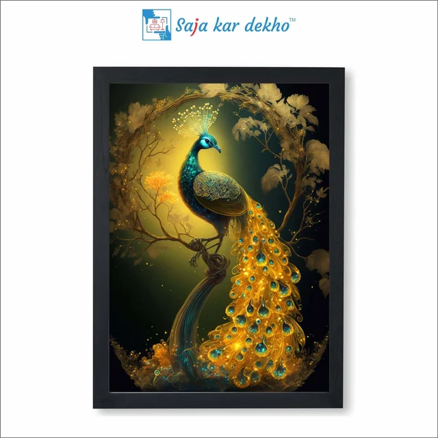SAJA KAR DEKHO Beautiful Peacock With Beautiful Background High Quality Weather Resistant HD Wall Frame | 12 x 18 inch | - 12 X 18 inch