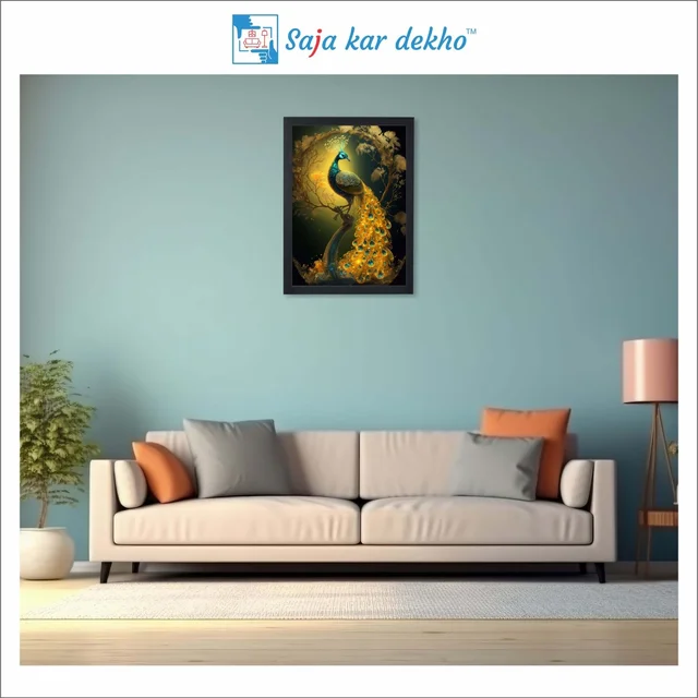 SAJA KAR DEKHO Beautiful Peacock With Beautiful Background High Quality Weather Resistant HD Wall Frame | 12 x 18 inch | - 12 X 18 inch