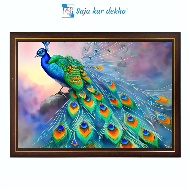 SAJA KAR DEKHO Peacock With Beautiful Background High Quality Weather Resistant HD Wall Frame | 12 x 18 inch | - 12 X 18 inch