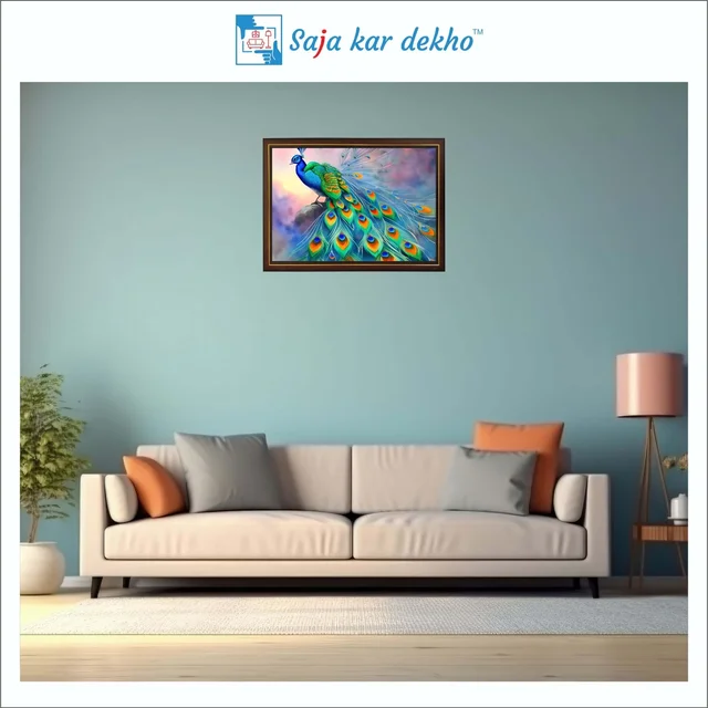 SAJA KAR DEKHO Peacock With Beautiful Background High Quality Weather Resistant HD Wall Frame | 12 x 18 inch | - 12 X 18 inch