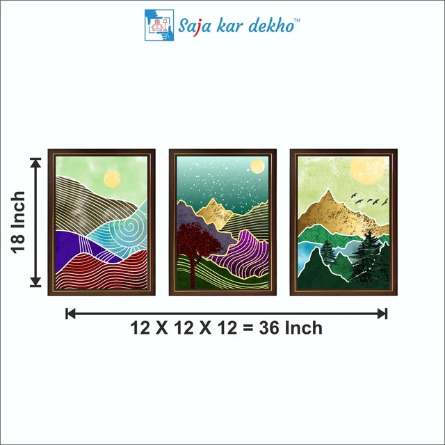SAJA KAR DEKHO Colorful Mountain, Tree, Birds And Sun High Quality Weather Resistant HD Wall Frame | 18 x 12 inch | - 18 X 12 inch