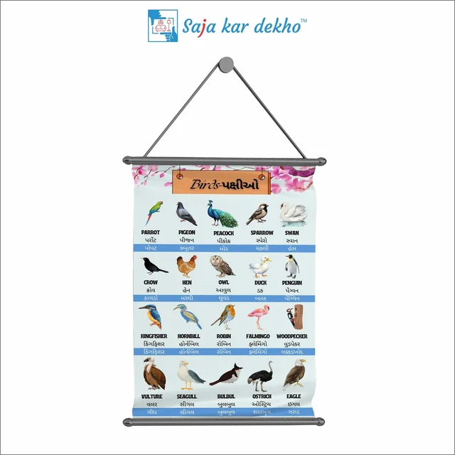 saja kar dekho BIRDS (પક્ષીઓ) Wall Handing Poster For Kids | Famous Birds Names With Picture High Quality Weather Resistant HD Wall Poster | 30 x 48 inch | - 30 x 48 inch