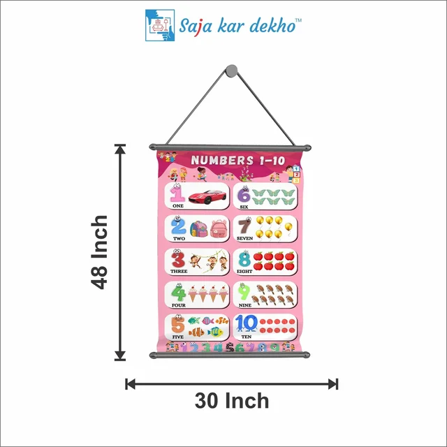 saja kar dekho NUMBERS 1 TO 10 (નંબર ૧ થી ૧૦) Wall Handing Poster For Kids | NUMBERS 1 TO 10 With Picture High Quality Weather Resistant HD Wall Poster | 30 x 48 inch | - 30 x 48 inch