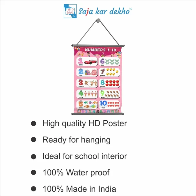 saja kar dekho NUMBERS 1 TO 10 (નંબર ૧ થી ૧૦) Wall Handing Poster For Kids | NUMBERS 1 TO 10 With Picture High Quality Weather Resistant HD Wall Poster | 30 x 48 inch | - 30 x 48 inch