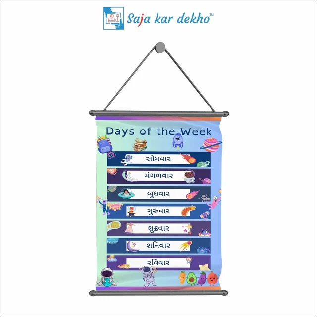 saja kar dekho DAY OF THE WEEK (અઠવાડીયું) Wall Handing Poster For Kids | DAYS With Picture High Quality Weather Resistant HD Wall Poster | 30 x 48 inch | - 30 x 48 inch