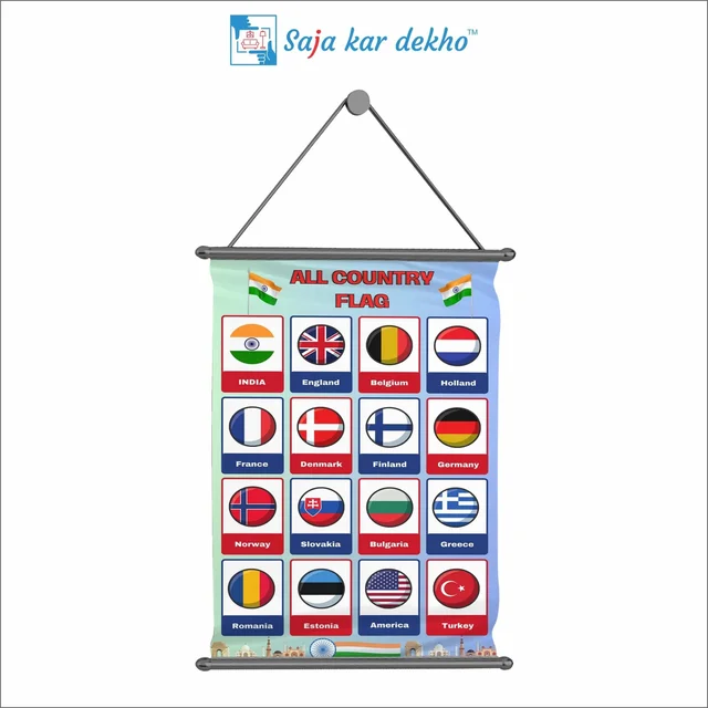 saja kar dekho ALL COUNTRY FLAG Wall Handing Poster For Kids | ALL COUNTRY FLAG With Picture High Quality Weather Resistant HD Wall Poster | 30 x 48 inch | - 30 x 48 inch