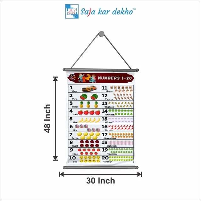 saja kar dekho NUMBERS 1 TO 20 Wall Handing Poster For Kids | NUMBERS With Picture High Quality Weather Resistant HD Wall Poster | 30 x 48 inch | - 30 x 48 inch