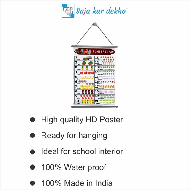 saja kar dekho NUMBERS 1 TO 20 Wall Handing Poster For Kids | NUMBERS With Picture High Quality Weather Resistant HD Wall Poster | 30 x 48 inch | - 30 x 48 inch