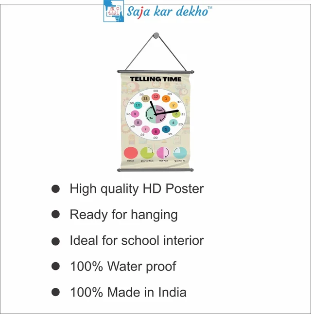 saja kar dekho TELLING TIME Wall Handing Poster For Kids | TELLING TIME With Picture High Quality Weather Resistant HD Wall Poster | 30 x 48 inch | - 30 x 48 inch