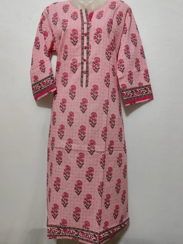 Baby Pink Flower Print Kurta - XL