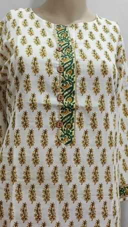 Beige Green Print Regular Kurti - L