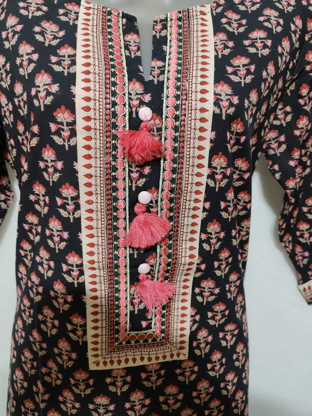 Black Peach Print Kurta - 2XL