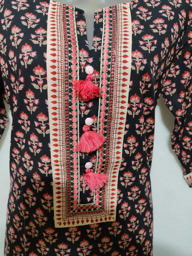 Black Peach Print Kurta - S