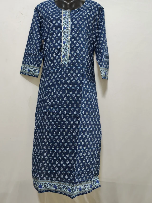 Blue White Flower Print Kurta - XL