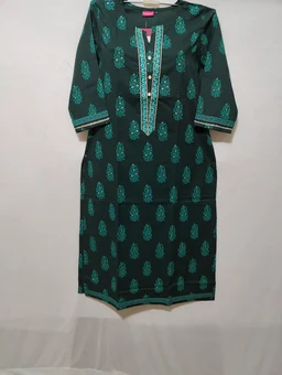 Bottle Green White Print Kurta - L