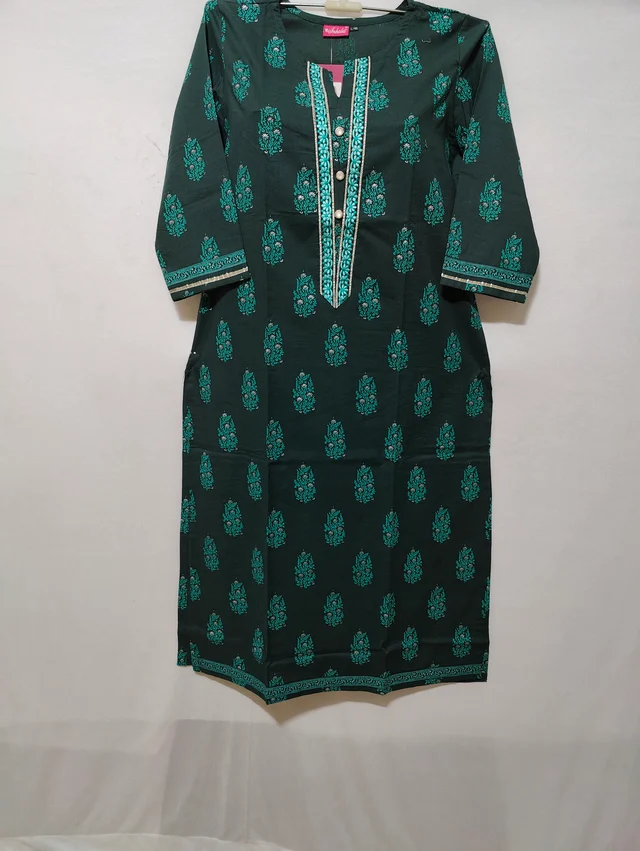 Bottle Green White Print Kurta - L