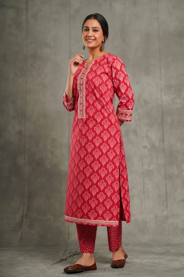 Crimson Red Block Print Kurta Pant Set - 3XL