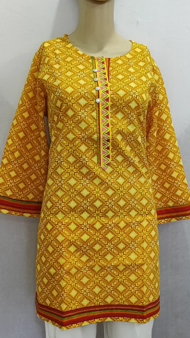 Mustard Embroidery Around Button Patti Regular Kurti - 2XL