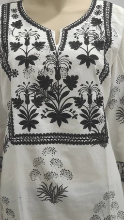 Off-White Black Embroidery Around Yoke Print Kurta - 3XL