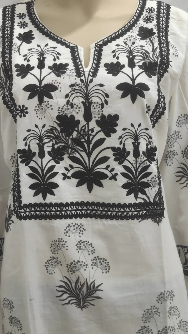 Off-White Black Embroidery Around Yoke Print Kurta - 3XL