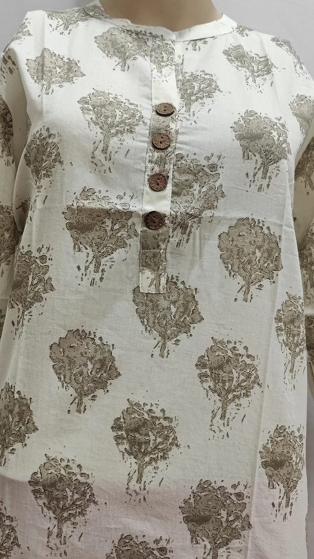 Off-White Grey Floral Chinese Collar Full Sleeves Regular Kurti - XL
