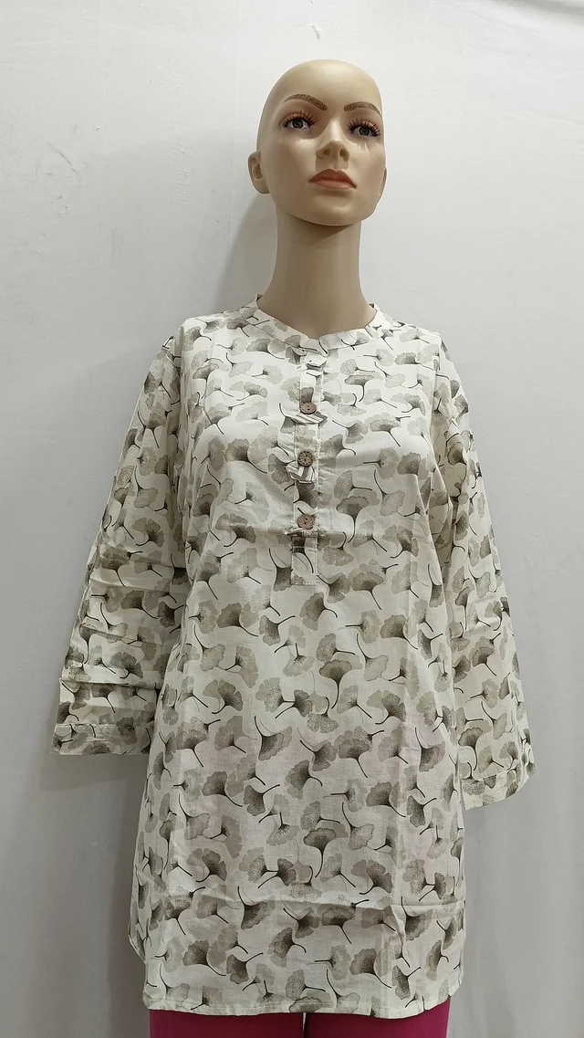 Off-White Grey Floral Print Chinese Collor Regular Kurti - 2XL