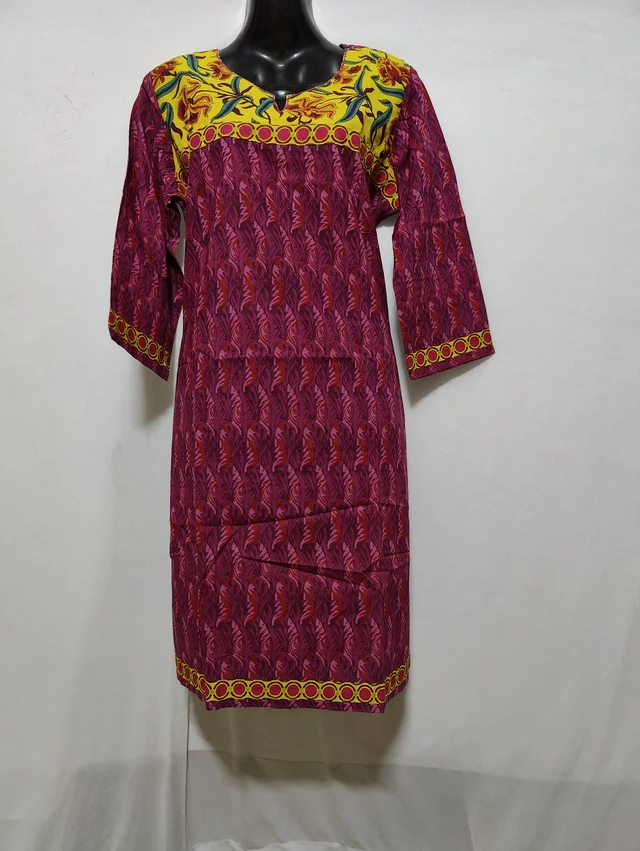 Rani Yellow Print Around Neck & Border Kurta - XL