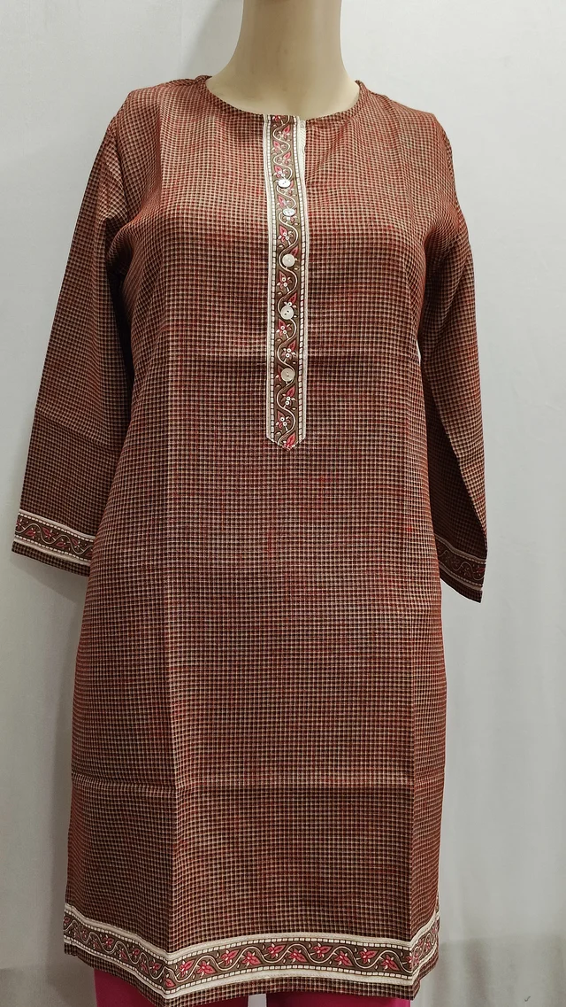 Rust Brown Check Button Patti Print Regular Kurti - XL
