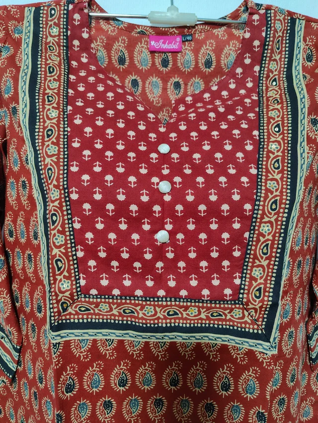 Rust Grey Print Kurta - M