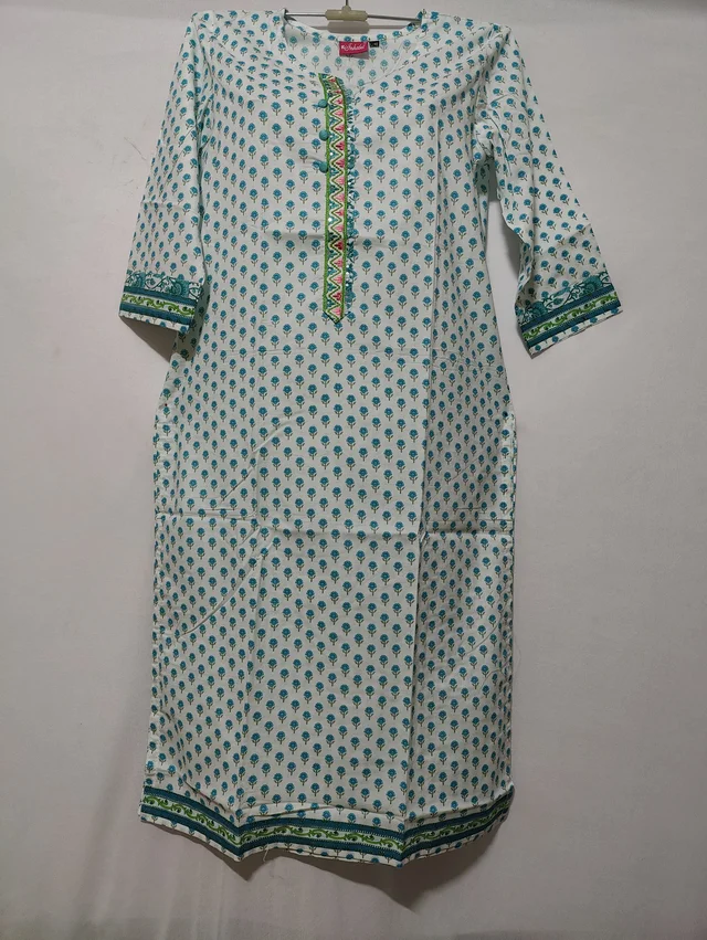 White Green Print Kurta - M