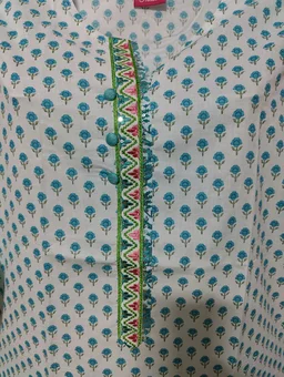 White Green Print Kurta - M