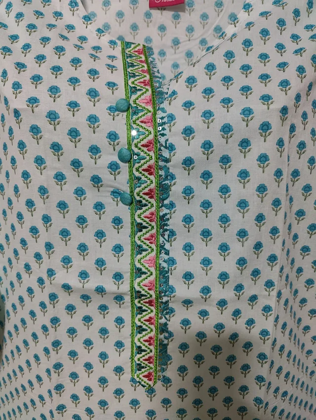 White Green Print Kurta - M