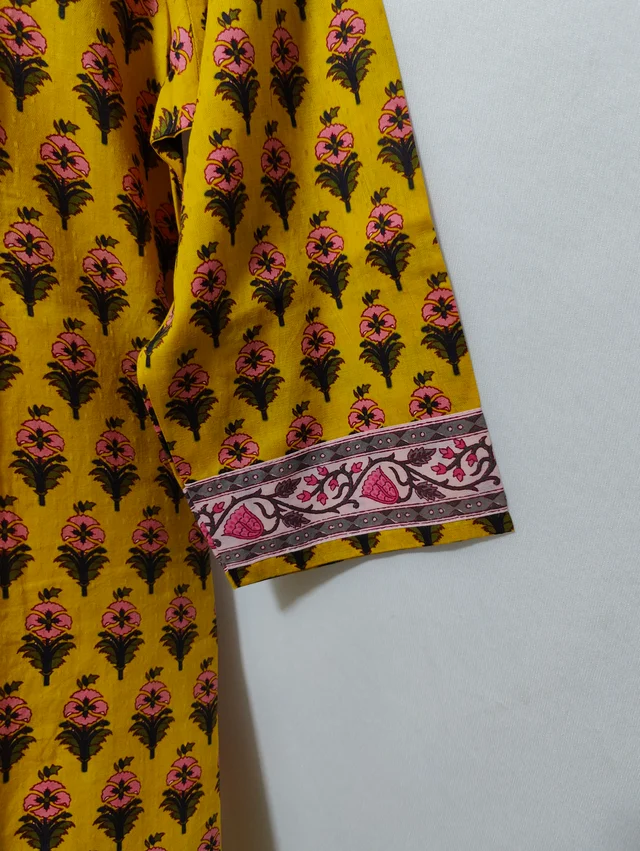 Yellow Pink Flowers Print Kurta - XL