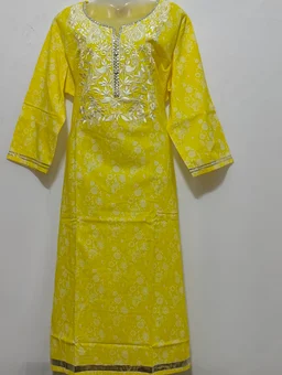 Yellow White Embroidery Around Yoke Kurta - 3XL
