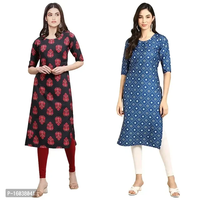 Stylish Crepe Printed Straight Kurta For Women-Pack Of 2 - L