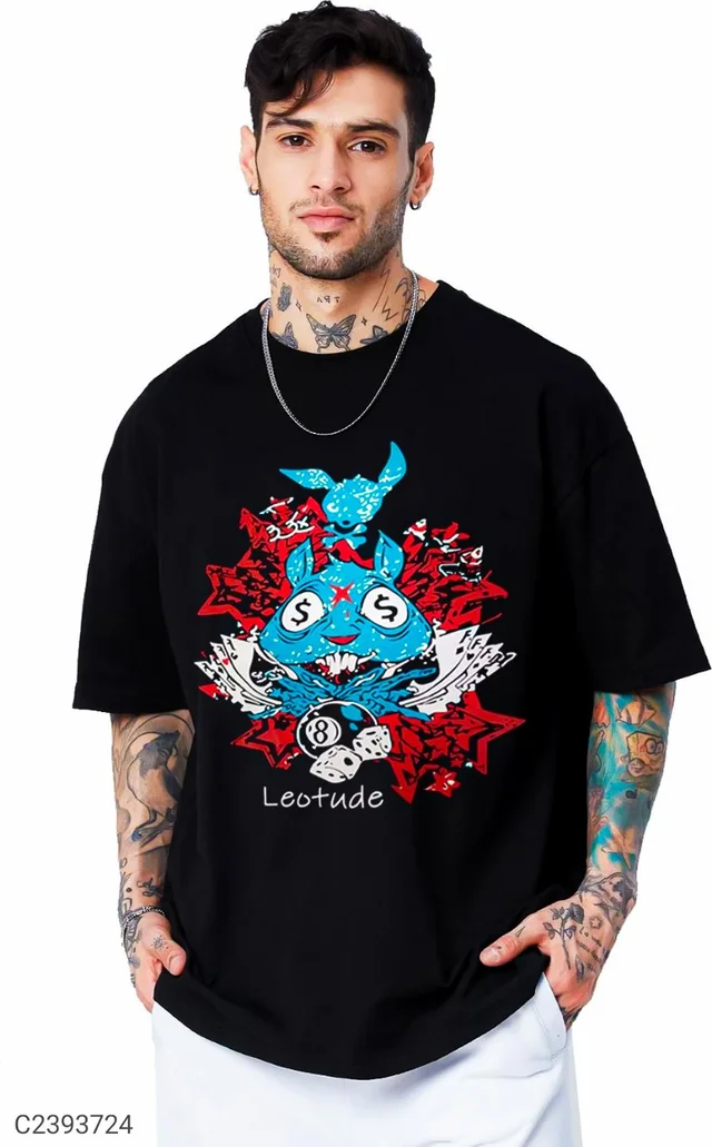 Leotude Men's Printed Loose Fit Half Sleeve T-shirt - Black, XXXL