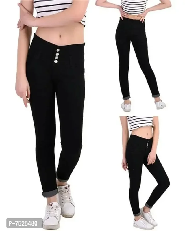 FASHIONABLE EXCLUSIVE WOMENS JEANS FOUR BUTTON BLACK - Black, 28