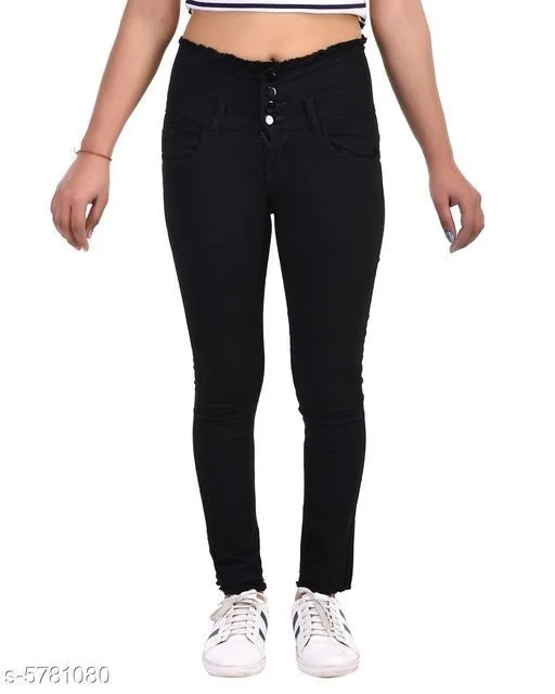 FASHIONABLE EXCLUSIVE WOMENS JEANS FOUR BUTTON BLACK - Black, 30