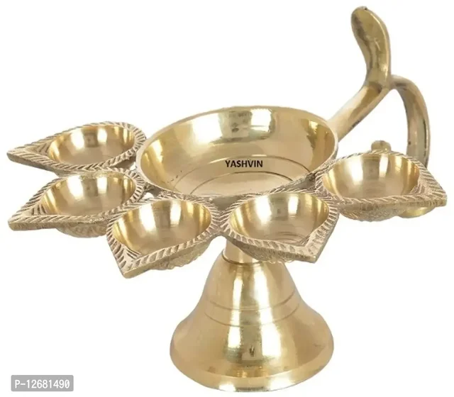Brass Panch Diya For Puja Small Size Panch Aarti Lamp Pancharti Diya Oil Lamp Panch Mukhi Aarti Deepak Oil Lamp Jyoti Puja Diya Stand Aarti Diya Temple || Puja Diya for Diwali/Navratri