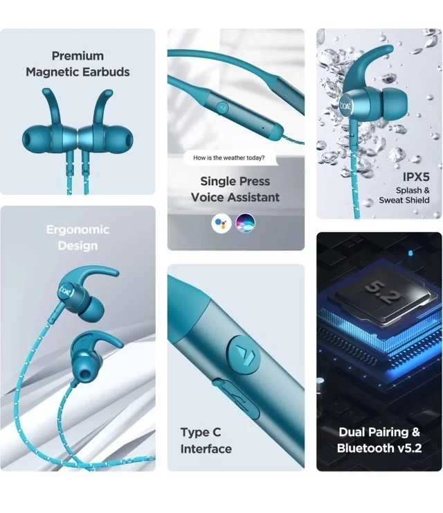 boAt Rockerz 335 Bluetooth Wireless in Ear Earphones with Qualcomm Aptx CVC, Upto 30 Hours Playback, ASAP Charge, Signature Sound, Ipx5 and Btv5.0 with Mic (Blue Ocean) - Pelorous