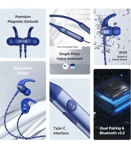 boAt Rockerz 335 Bluetooth Wireless in Ear Earphones with Qualcomm Aptx CVC, Upto 30 Hours Playback, ASAP Charge, Signature Sound, Ipx5 and Btv5.0 with Mic (Blue Ocean) - Blue