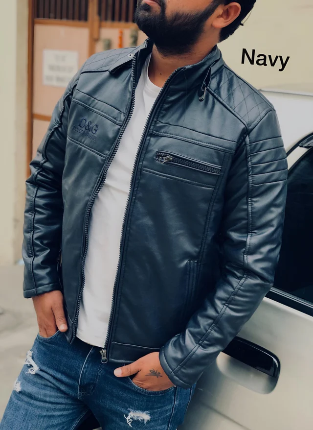 D & G Very Premium Quality D&G Leather Jacket Article - Navy Blue, L