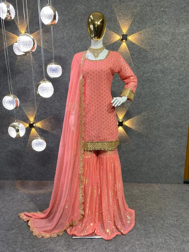 Sarara Plazo Heavy Faux Georgette With 9mm Embroidery Rembo Sequence - Bittersweet