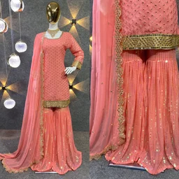 Sarara Plazo Heavy Faux Georgette With 9mm Embroidery Rembo Sequence - Bittersweet