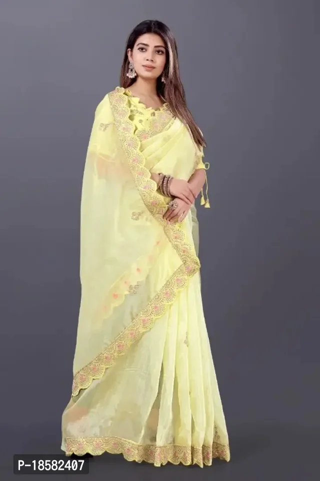 Pure Khadi Organza Designer Saree - Yellow